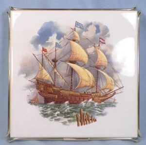 Villeroy & Boch Luxembourg Trivet Clipper Ship Ceramic Goldtone Stand Orig Box - Picture 1 of 7