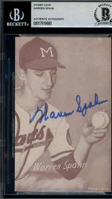 Warren Spahn Beckett BAS Signed Vintage Exhibit Postcard Autographed - Image 1 of 2