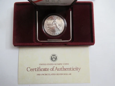 1988 US Mint Olympic UNC Silver Dollar, US mint pkg w/ COA Cover