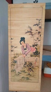 Ancien rouleau mural en bambou ~ belle geisha asiatique orientale - Photo 1/16