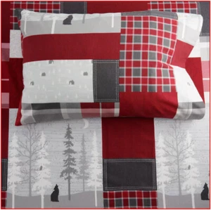 Cuddl Duds Heavy Weight LODGE Patchwork FLANNEL Sheet Set -Wolf Pine Trees QUEEN - Picture 1 of 5