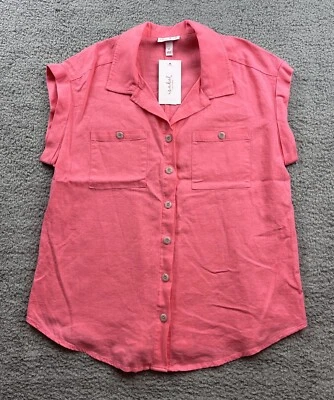 Isabel Maternity Women's Size Medium Short Sleeve Linen Button Up Shirt Pink - Image 1 of 4