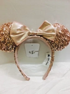 New Disney Parks "ROSE GOLD" Champagne Minnie Mouse Bow Sequins Ear Headband - Picture 1 of 11