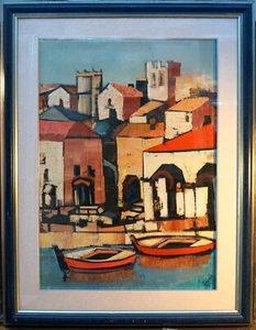 FARINA GRANDE OLIO SU TELA - PAESAGGIO MARINO CON CASE E BARCHE-CORNICE 89x70 - Picture 1 of 6