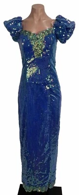 VTG 80s Prom PUFFY SLEEVE Party Evening Dress 8 Iridescent Sequin Beaded Sheath - Image 1 of 4