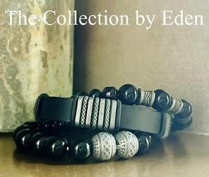 INC International Concepts Bracelets- Black & Silver Bead & Leather Cuff - Picture 1 of 4