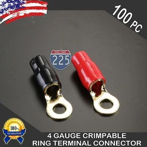 4 Stärke Gold Ring Terminal 100 Stck. 4 AWG Draht Crimp rot/schwarz Stiefel 5/16 Zoll Nieten - Bild 1 von 1