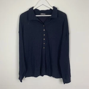 BTFBM Womens Large Ribbed Henley T Shirt Top Collared Long Sleeves Navy Blue - Picture 1 of 3