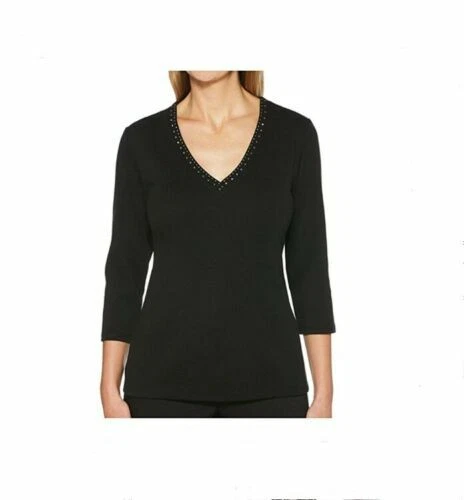 Rafaella Women's Embellished V-Neck 3/4 Sleeve Top in Black - Medium -