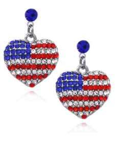 4th of July USA American Flag Patriotic Heart Royal Blue Dot Dangle Earrings - Picture 1 of 1