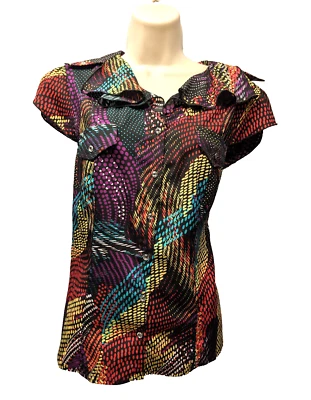 Bright/Bold Disco Ball Patterned Women's Petite Cap Sleeve Clear Buttoned Top - Image 1 of 4