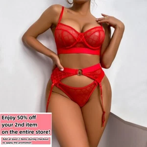 Sexy Netz Dessous Set BH Tangas Strumpfgürtel mit Beinring Nachtwäsche Nachtwäsche - Bild 1 von 9