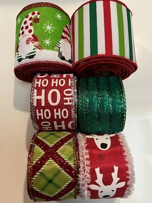 Lot 6 Wired Ribbon 4 Yds Ea Christmas Gnomes Diagonal Glitter 2.5 & 1.5” New G - Image 1 of 4