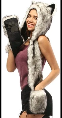 Furry Hat White Wolf Hoods Mittens Gloves - Size Fits All - Unisex - Image 1 of 4