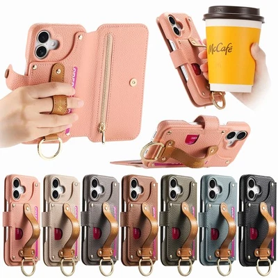 Zip Wallet Card Case Wristband Cover for iPhone 16E 17 15 14 Plus 13 12 11 Pro X - Image 1 of 4