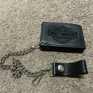 Harley-Davidson Hombres Repujado Triple Pliegue Cuero Negro Cadena Billetera Motocicleta - Imagen 1 de 8
