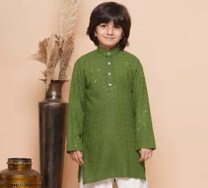 Indian Wear Chikankari Kurta for Boys/Cotton Kurta Sequined Solid Diwali Outfit - Picture 1 of 43