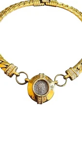 Vintage Heavy 80s Signed Coin Rhinestone Necklace (A2794) - Picture 1 of 5
