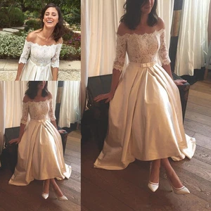 Vintage Half Sleeve Tea-Length Bridal Gown Lace Satin Off Shoulder Wedding Dress - Picture 1 of 5