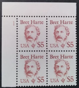 US Stamp # 2196 $5 Bret Harte Plate Block of 4 MINT NH - Picture 1 of 2