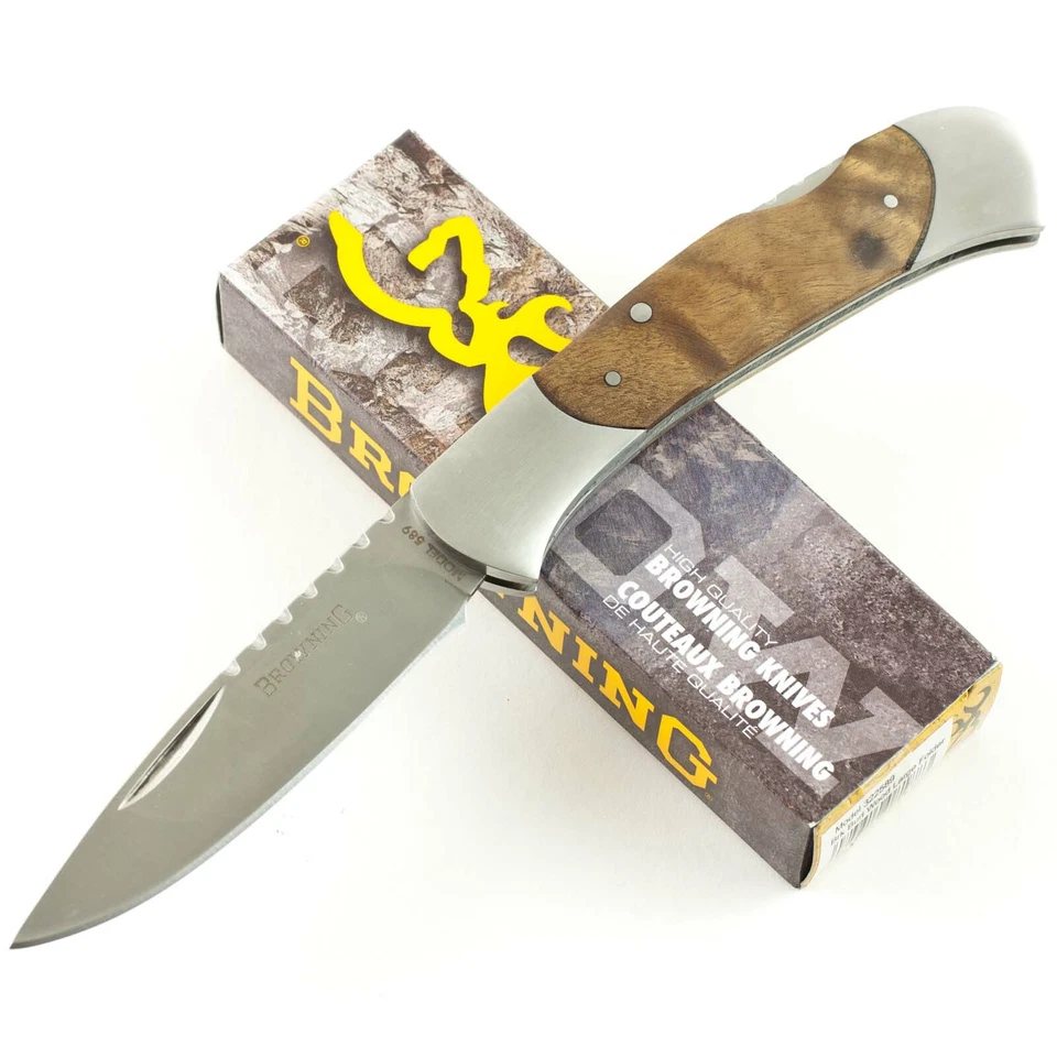 Browning Burl Wood Drop Point Lockback Pocket Knife BR589 Single Folding Blade - Image 1 of 1