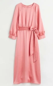 H&M Trend Light Coral Wedding Satin Tie Belt Midi Dress 14 Bnwt - Picture 1 of 4
