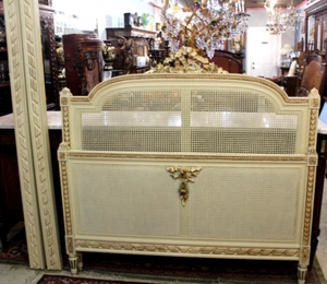 French Antique painted White Louis XVI Cane Queen Bed - Picture 1 of 7