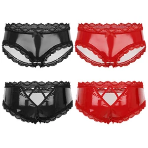 Men's Leather Hollow Out Sissy Lace Trim Briefs Sexy Low Waist Panties Underwear - Bild 1 von 3