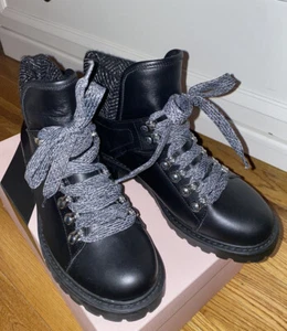 Barney's New York Black Leather Boots 36/ 6 NEW Italy $585 Fur Ankle Lug Sole - Picture 1 of 9