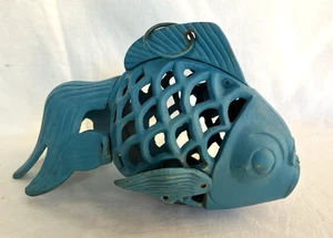 Vintage Blue Cast Iron Hangable Garden Koi Karp Tea Light Votive Candle Holder - Picture 1 of 12