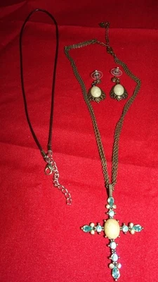 Vintage 1928 Chain Rhinestone Jasper Cabochon Cross Necklace Earrings Set + Cord - Image 1 of 4