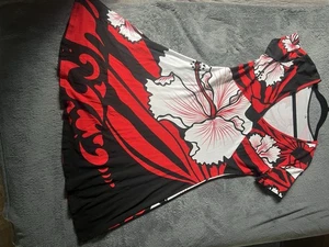 Midikleid Mico Tahiti rot schwarz Blumenmuster V-Ausschnitt Viskose Lycra Stretch - Bild 1 von 12