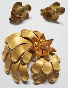 Vintage Sternschnuppe Kuppel Brosche & Ohrringe Set Bernstein Glas gebürstet goldfarben - Bild 1 von 8