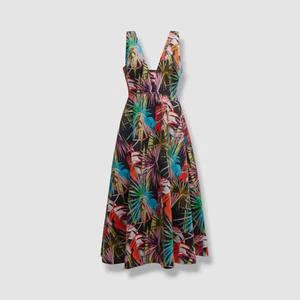 $450 Natori Women's Black El Nido Botanical-Print Poplin Midi Dress Size 10 - Picture 1 of 4
