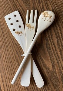 Moose Engraved Decorative Wooden Spoon, Fork, Spatula Lodge Decor 3 Pieces - Picture 1 of 2