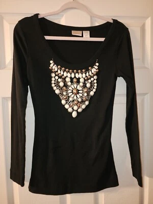 Newport News Camiseta Pullover Negra Manga Larga Talla M Elastizada De Colección Con Cuentas Foto 1 de 4