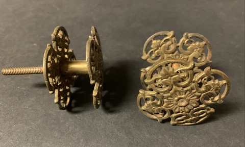 Pair of 2 Antique Victorian Ornate Brass Hardware Curtain Tie Back Drawer Knob Cover