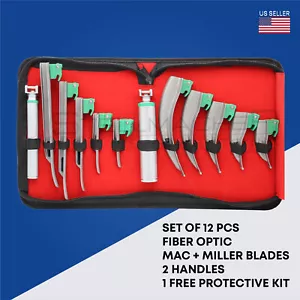Set of 12 Fiber Optic Mac & Miller Laryngoscope + 2 Handles Intubation Kit - Picture 1 of 3