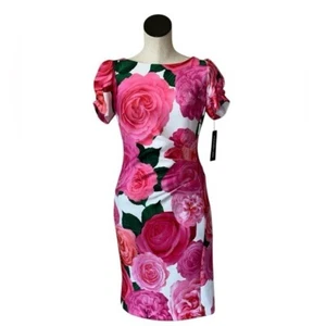 NWT KARL LAGERFELD PARIS Scuba Floral Print Crew Neck Dress SZ-6 Pink White - Picture 1 of 9