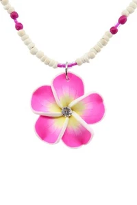 Coconut Shell Necklace Fimo Plumeria Flower - 16", Hawaiian Jewelry, Pink Yellow - Picture 1 of 4