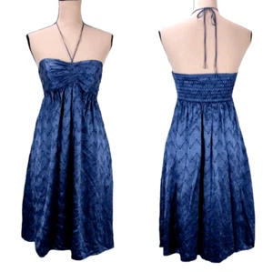 Betsey Johnson Vintage Babydoll Neckholder Ausschnitt blau bestickt Seide Kleid - Größe 4 - Bild 1 von 15