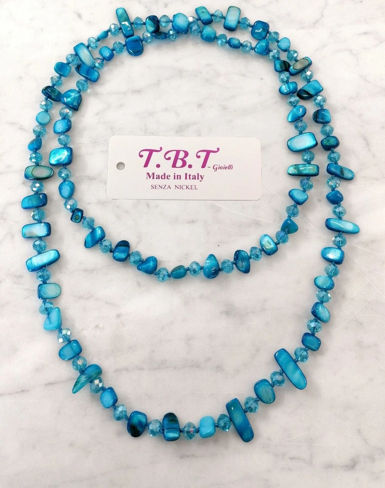 Moderno Collar Largo Nácar de Mujer,Perlas,Piedras Semipreciosas,Cristales Azul - Imagen 1 de 1