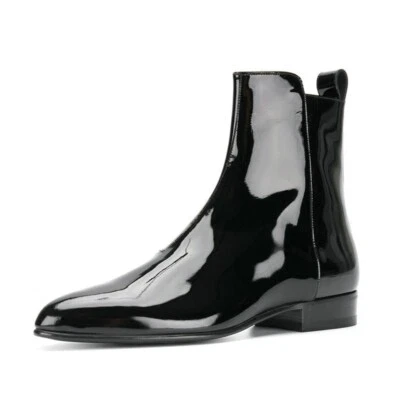 Stylish Men's Patent Leather Side Zipper Real Leather Ankle Boots Western Boots - Image 1 of 4