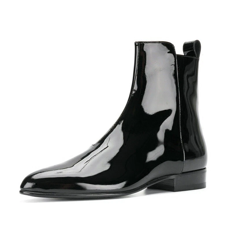 Stylish Mens Patent Leather Side Zipper Real Leather Ankle Boots Western Boots - Image 1 of 4