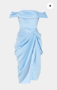 Blue Satin Draped Bardot Midi Dress Size 6 UK - Picture 1 of 3