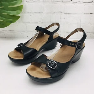 Dansko Wedge Sandals Women Size 40/9.5 Black Leather Ankle Strap Platform - Picture 1 of 15
