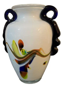 Handblown Glass Vase Colorful Swirls White Cased with Cobalt Blue Double Handle - Picture 1 of 6