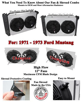 Cubierta de ventilador RS Champion con 2 ventiladores de 12" para motor Ford Mustang V8 1971-1973 Foto 1 de 4