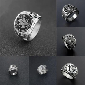 Anillo Militar de EE. UU. Cuerpo de Marines de los Estados Unidos Ejército de los Estados Unidos Hombres Sello Acero Inoxidable - Imagen 1 de 19