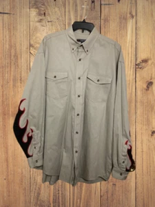 Vintage Seilhemd XL Khaki Western bestickt rot/schwarz Flammen auf Ärmeln Rodeo - Bild 1 von 7